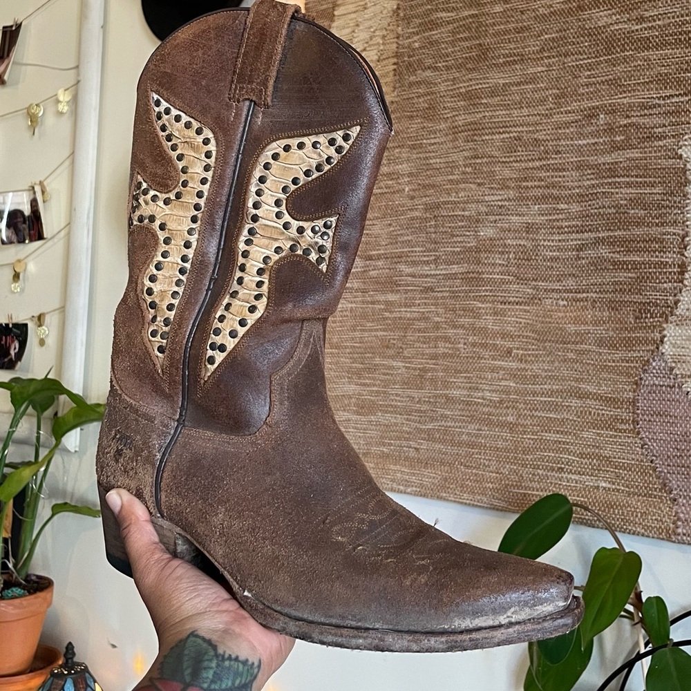 Women’s Frye x Daisy Duke cowgirl boots with studded python detailing